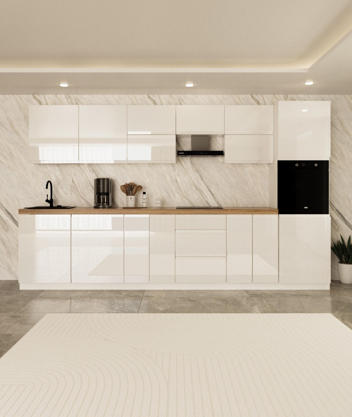 KÜCHENZEILE 340 cm - Aspen KA13-M340- in Weiß/Hochglanz - Weiß Hochglanz, Holz (340/212/58cm)