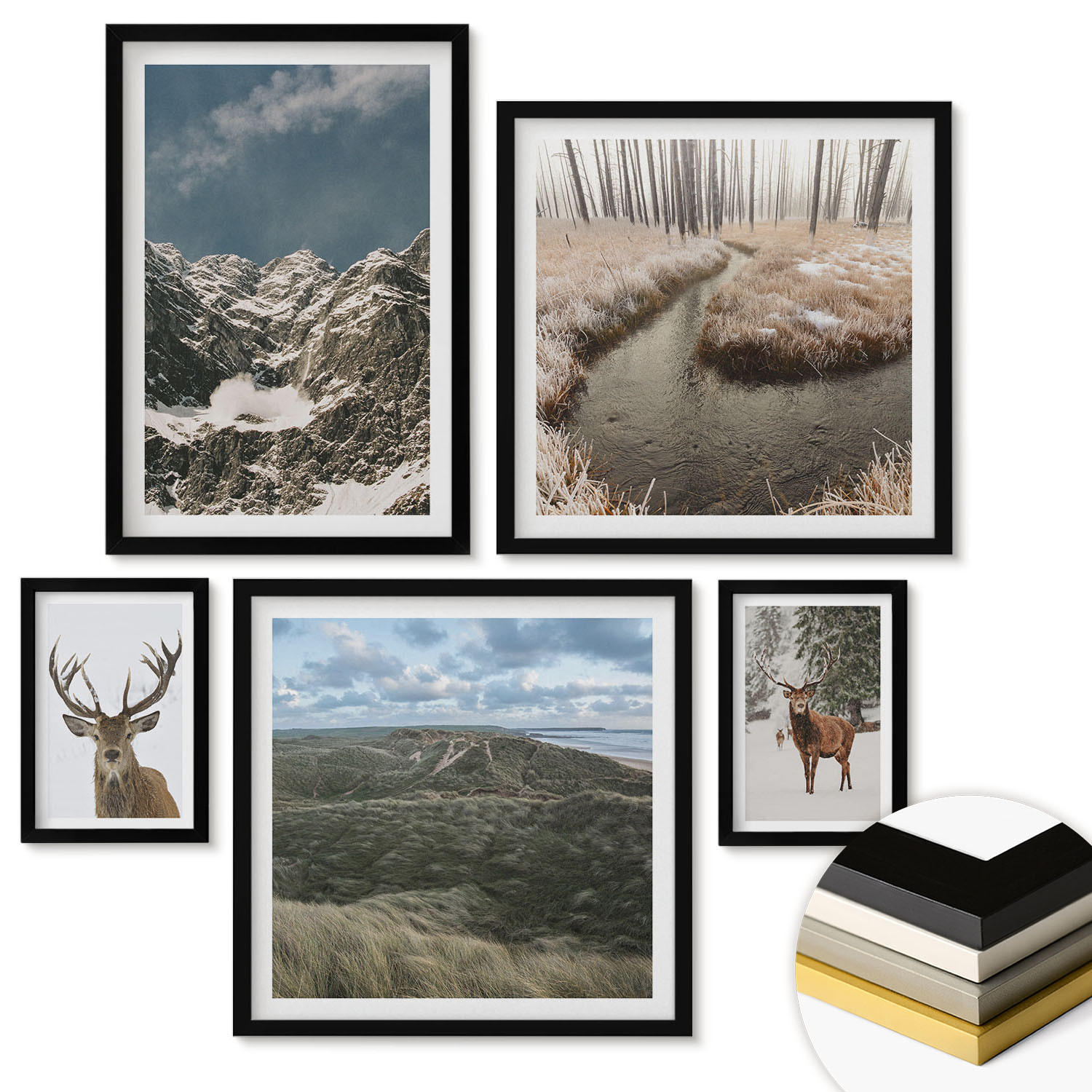 WANDBILDER 5er-Set - 50x50 cm & 20x30 cm & 40x60 cm Schwarzer Rahmen - Berge, Schnee, Hirsche, Waldlandschaft - Schwarz, Kunststoff (40/60cm) - ArtPrintCave