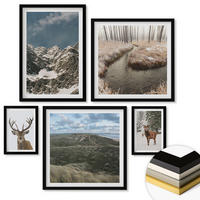 WANDBILDER 5er-Set - 50x50 cm & 20x30 cm & 40x60 cm Schwarzer Rahmen - Berge, Schnee, Hirsche, Waldlandschaft - Schwarz, Kunststoff (40/60cm) - ArtPrintCave
