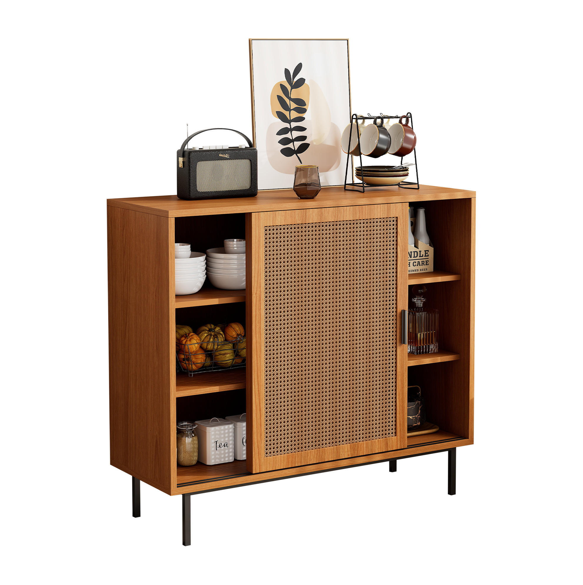 SIDEBOARD 100/37/90 cm in Walnuss mit 2 Schiebetüren und Rattan-Optik - Walnussfarben, Holzwerkstoff (100/90/37cm) - Flora Grace