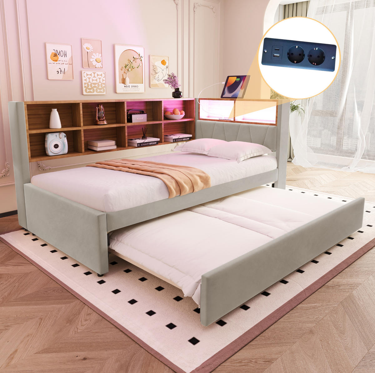 POLSTERBETT 90/200 cm Hellgrau aus Flanell mit Ausziehbett und LED-Beleuchtung - Hellgrau, Textil (90/200cm) - OKMYHOME