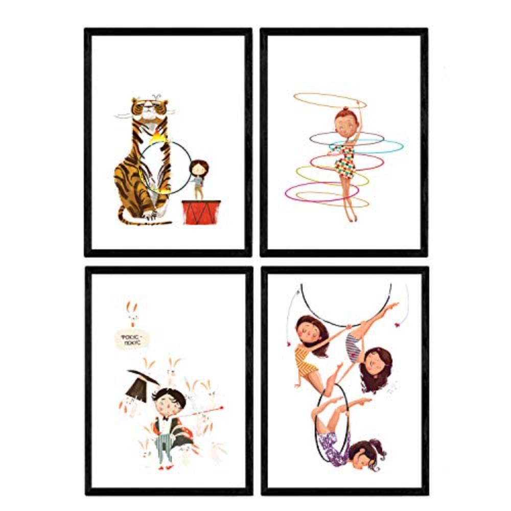 POSTER Set mit 4 Circus Leon Acobata Mago und contortionists A4 Schwarzer Rahmen - Schwarz, Papier (29.7/3cm) - Nacnic