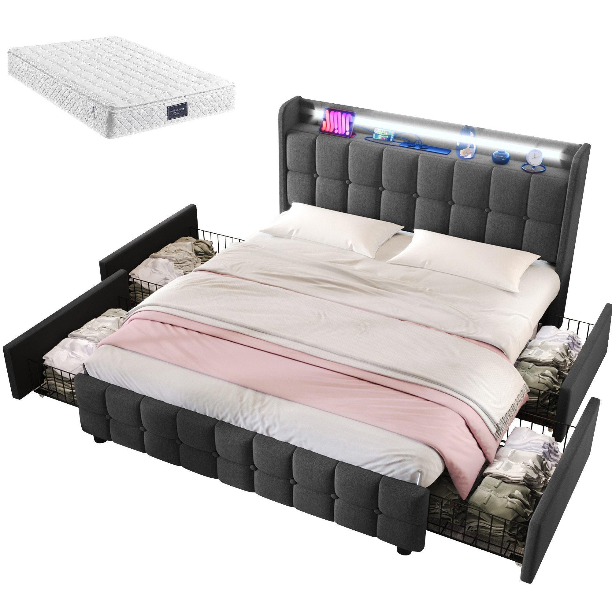 POLSTERBETT mit USB-Ladefunktion, Kopfteil und LED-Beleuchtung - Grau, Textil (160/200cm)