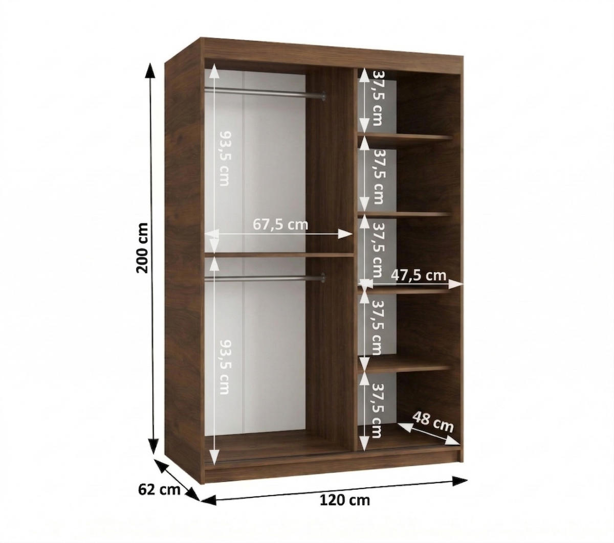SCHIEBETÜRENSCHRANK mit Spiegel ROYAL 200/120/62 2-türig - Silberfarben/Walnussfarben, Holz (120/62/120cm) - MÖBEL KRYSPOL
