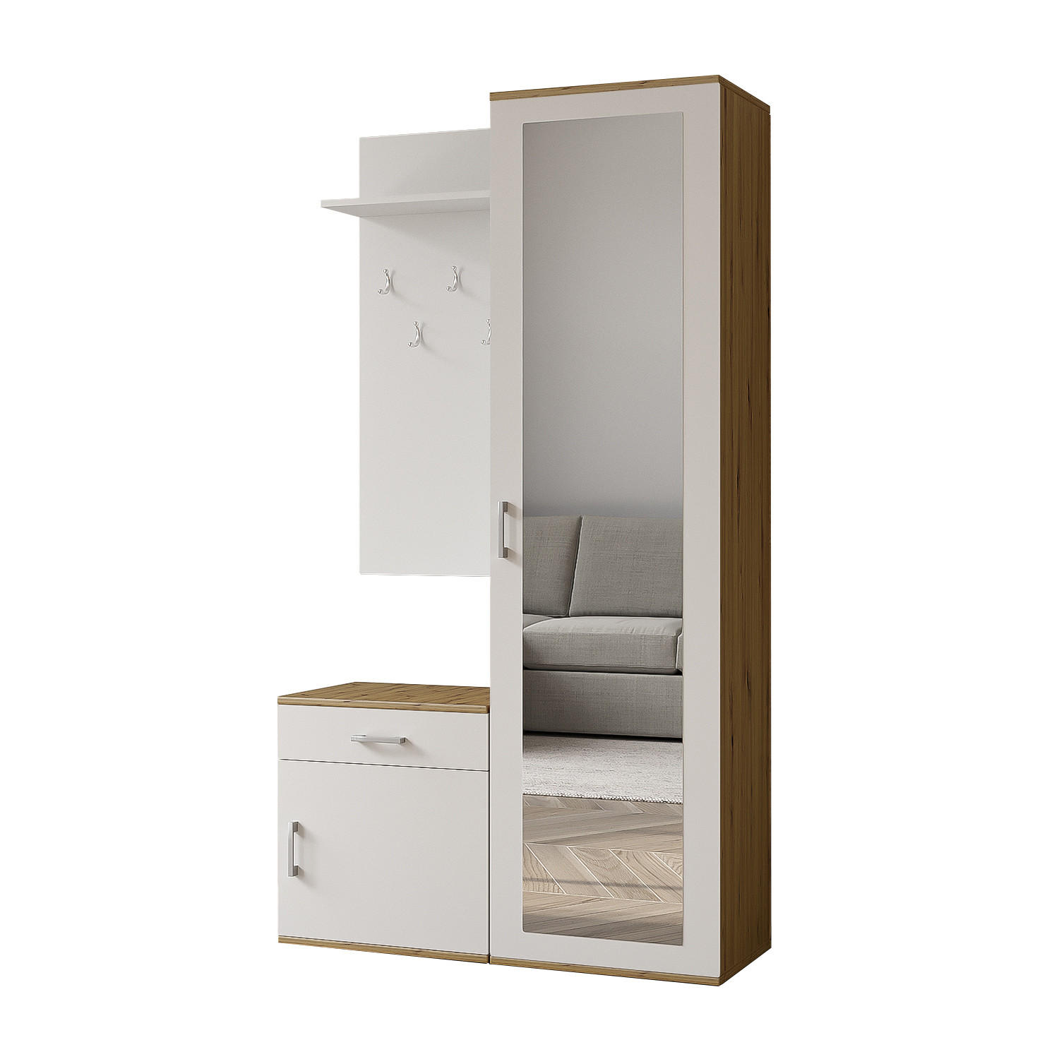 GARDEROBE Patricia 100 cm mit Spiegel, mit Schuhschrank und Schublade, artisan, weiß - Eiche Artisan/Weiß, Kunststoff (100/181/35cm) - Margaret Hadas24