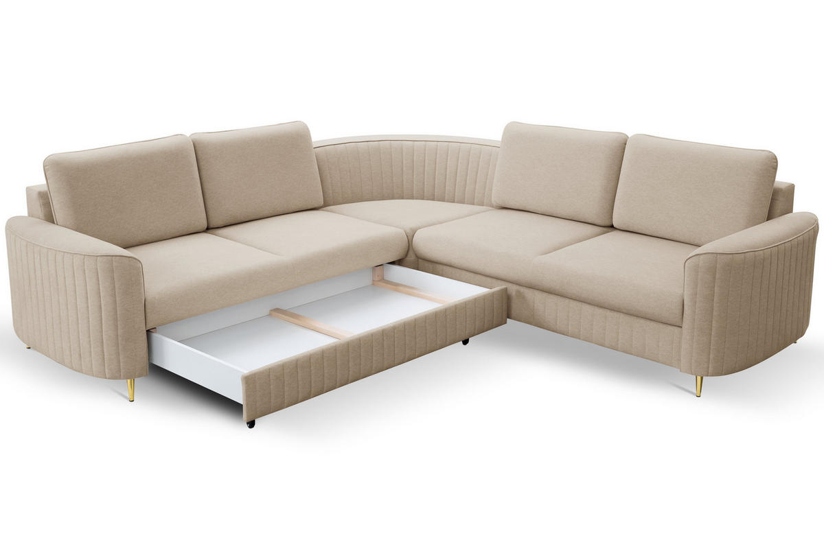 ECKSOFA VELA R-S Beige Velours-Stoff mit Schlaffunktion - Beige, Holz (251/251cm) - MASSENO
