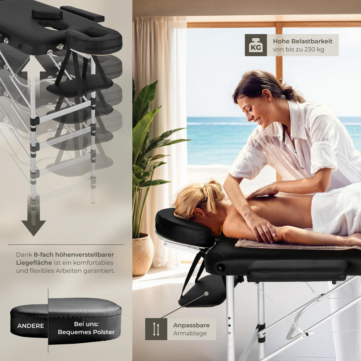 MASSAGELIEGE 2 Zonen, 210 x 95 x 89 cm,schwarz - Schwarz, Metall (60/89/205cm) - tectake