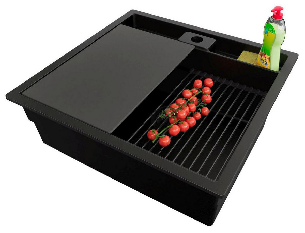 SPÜLBECKEN Bergen Pocket, 2-er set Alles Schwarz 56/54 cm 1 Becken + Ablauf-Set + Küchenzubehörset ab 60er Unterschrank - Schwarz, Kunststoff (56/20/54cm) - Primagran