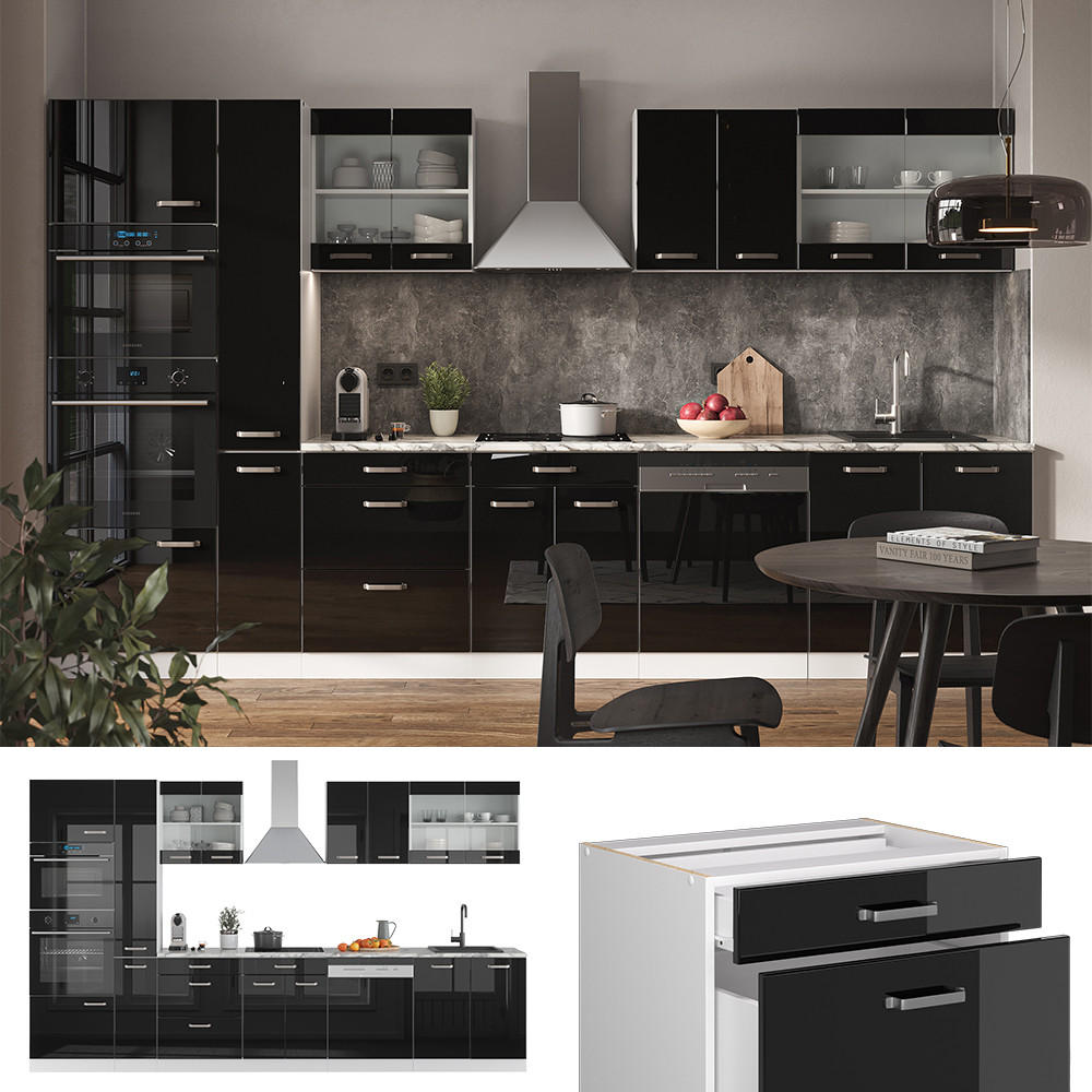 KÜCHENZEILE R-Line Schwarz-Eiche Hochglanz/Weiß 350 cm AP Marmor - Schwarz Hochglanz/Schwarz, Holzwerkstoff (350/81.6/60cm) - Vicco