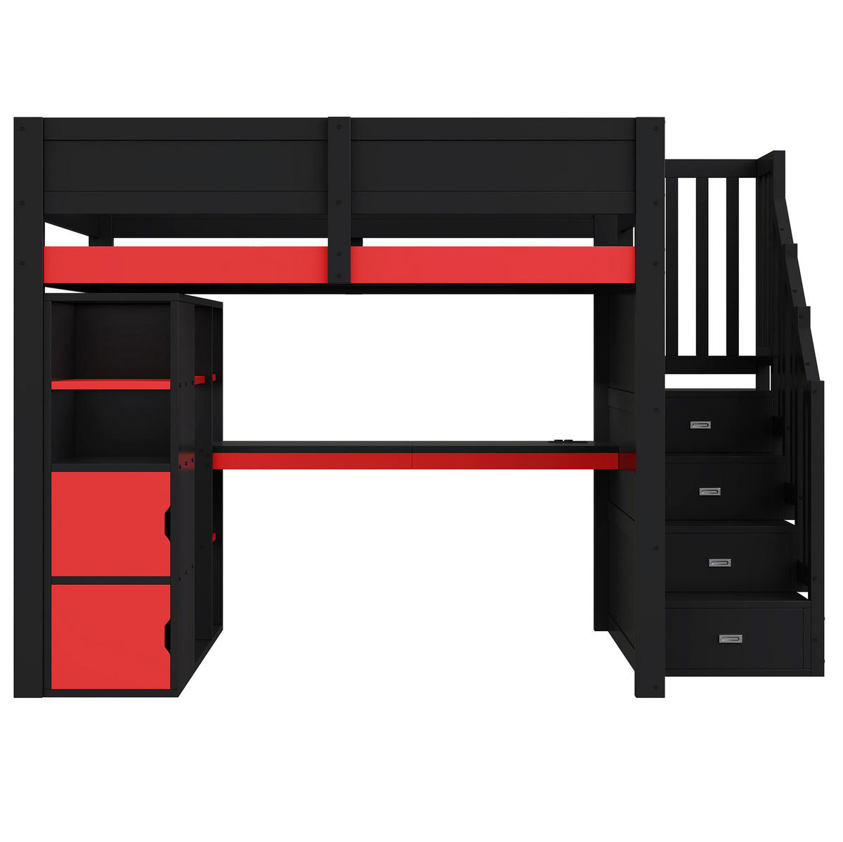 HOCHBETT mit Schreibtisch 140/200 cm in Schwarz/Rot – mit Stauraum und LED - Schwarz, Holzwerkstoff (140/200cm) - BEAOK