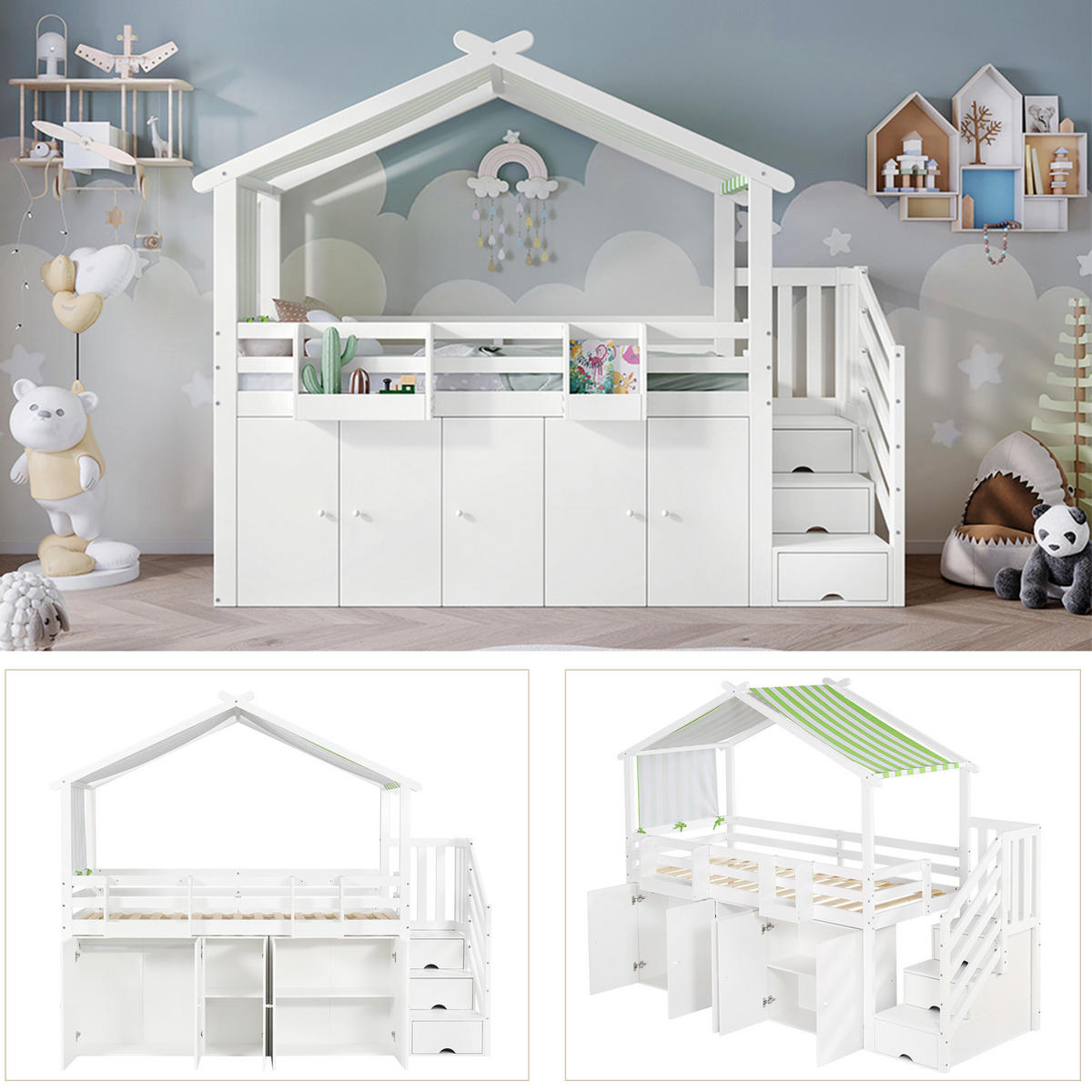 ETAGENBETT aus Kiefer und MDF 90x200 cm Weiß/Grün mit Stauraumtreppe, Schrank, Fallschutz und Dachdesign - Weiß, Holzwerkstoff (90/200cm) - Modfu