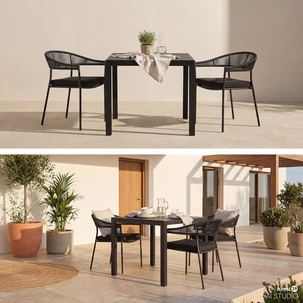 GARTENESSGRUPPE - 3-teilig - Stahl / Polyrattan - Schwarz - Schwarz, Kunststoff/Textil - home24