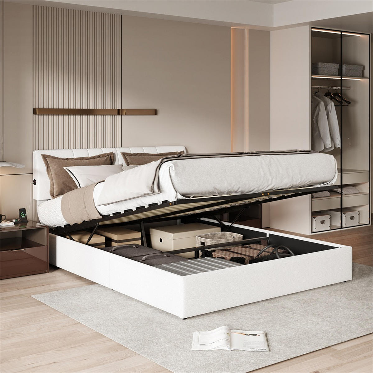 POLSTERBETT 140x200 cm mit hydraulischem Stauraum - USB-Ladeanschlüssen - Gepolstertes Kopfteil - ohne Matratze - Creme, Textil (140/200cm) - DELFA