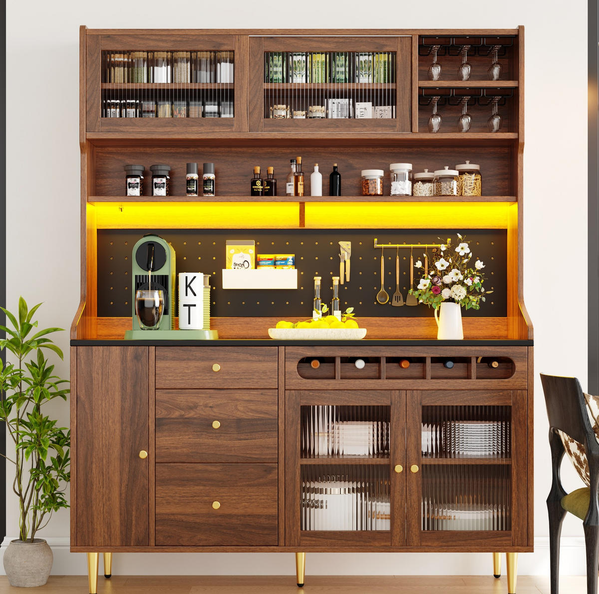 BUFFET 145/39/171 cm in Walnuss mit LED-Beleuchtung und Weinregal - Walnussfarben, Glas (145/171/39cm) - Flora Grace