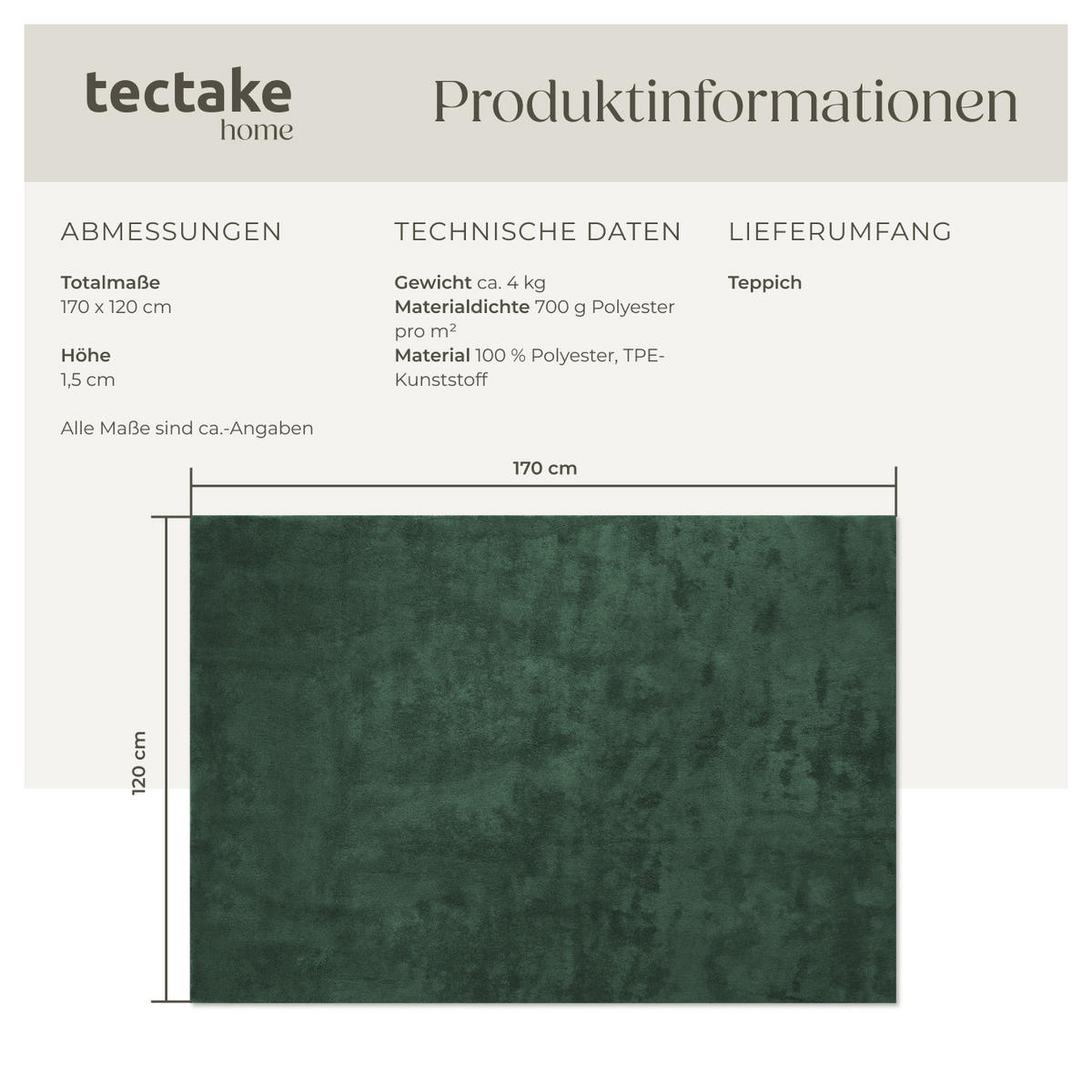 KURZFLORTEPPICH Soft Zone,rutschfeste Unterseite,grün - Grün, Kunststoff (170/120cm) - tectake