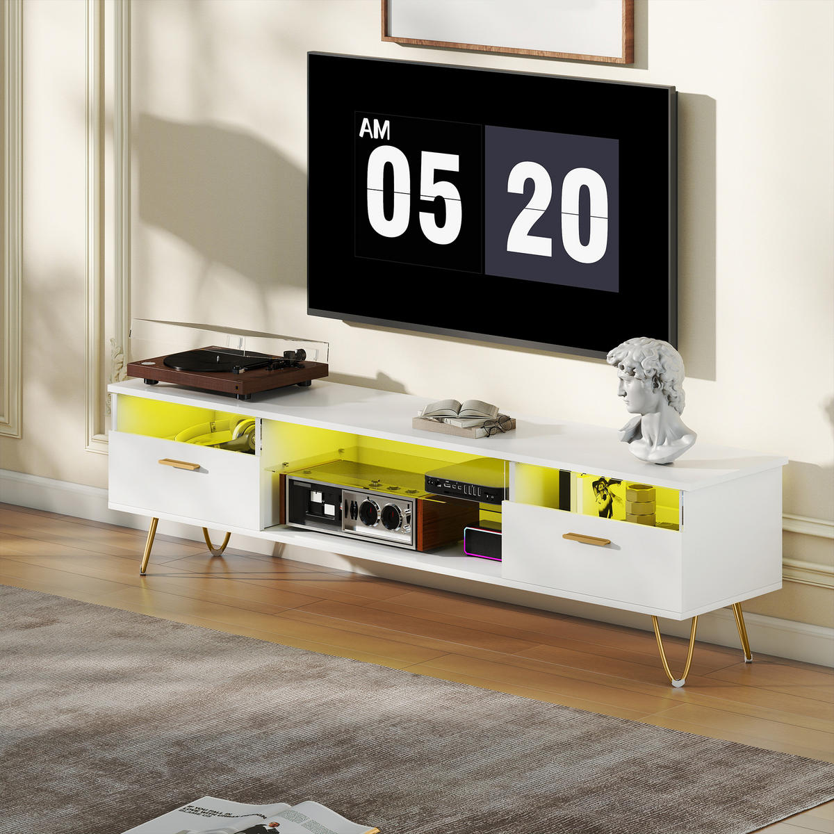 LOWBOARD Weiß 160/35/42 cm, LED-Beleuchtung, Soft-Close, Metallfüße - Weiß, Holzwerkstoff (160/42/35cm) - PANGIVO