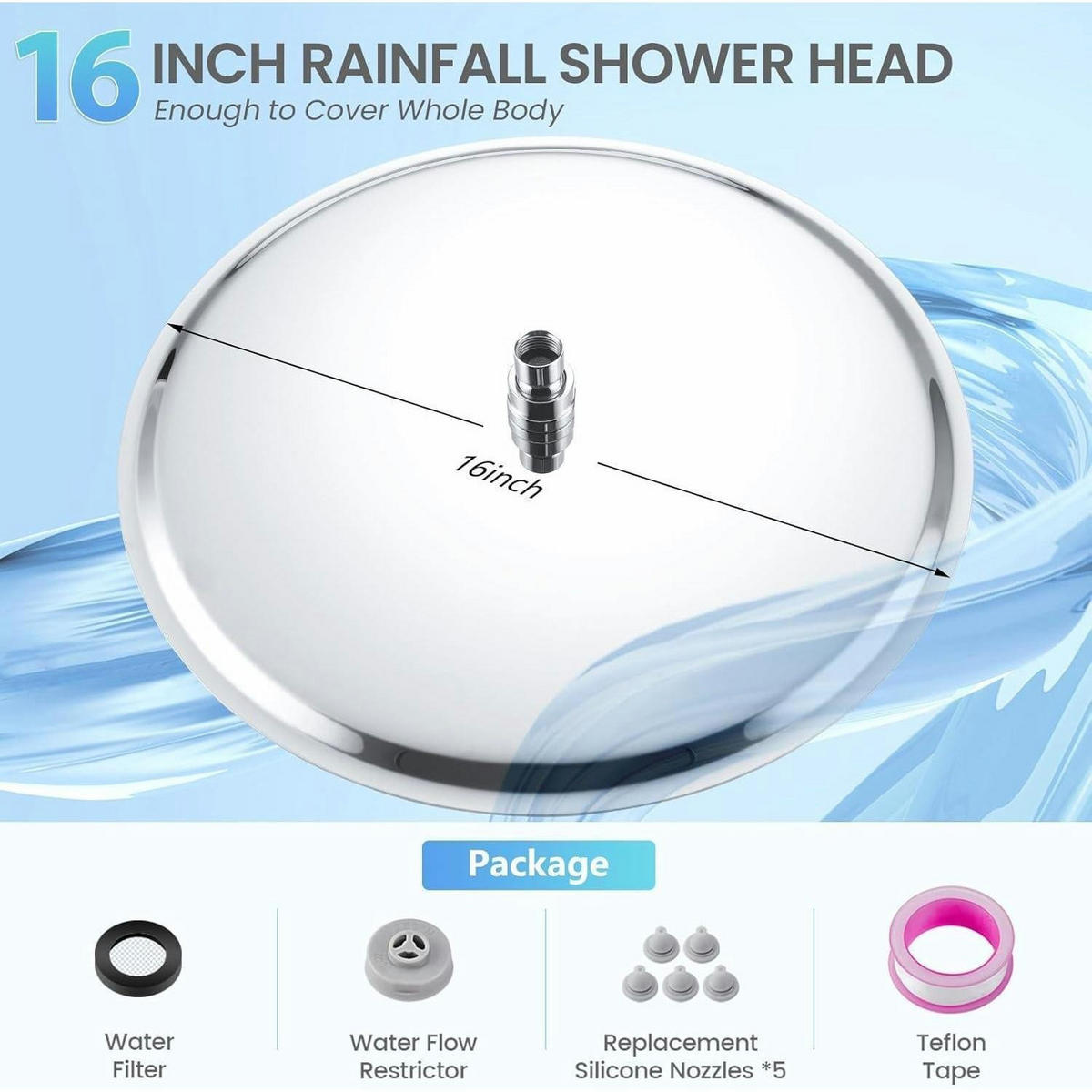 REGENDUSCHE 40 cm Chrom Edelstahl 304 Wassersparend - Silberfarben, Metall (40.6/12.7/40.6cm)