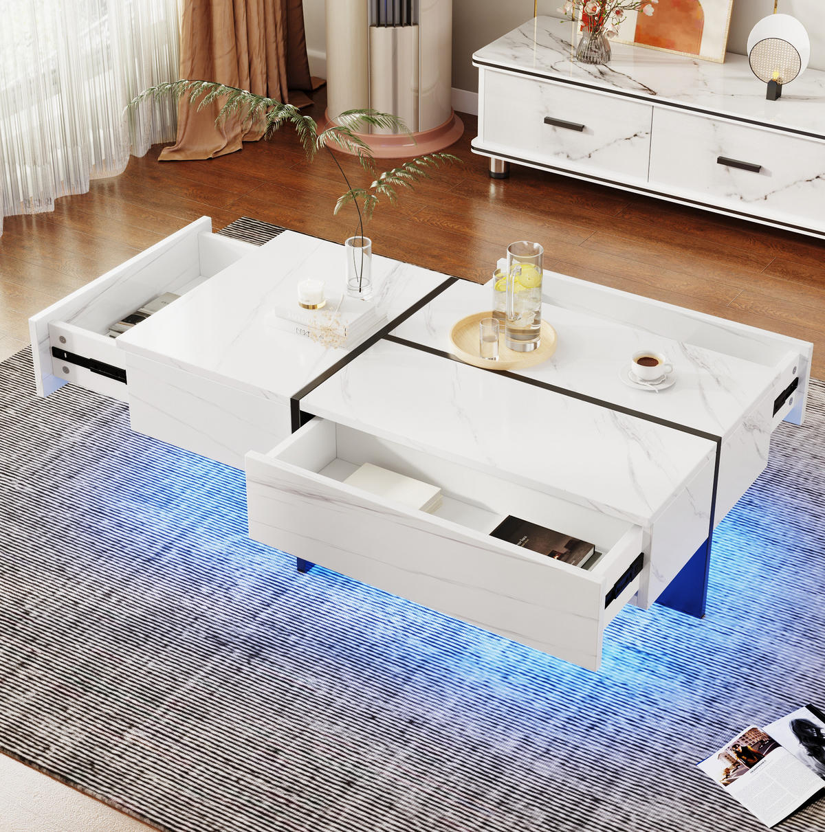 KONFERENČNÍ stolek, 100/50/34,5 cm bílý, s LED osvětlením a 3 zásuvkami - bílá, kompozitní dřevo (100/50/34.5cm) - BEAOK