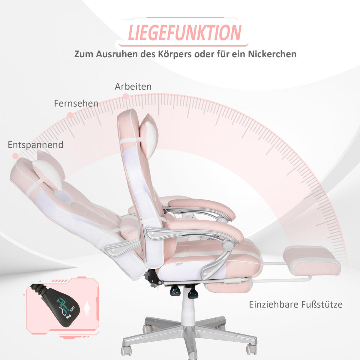 GAMINGSTUHL mit Fußstütze, Kopf- & Lendenkissen, drehbar, höhenverstellbar, Rosa - Rosa, Leder (63/123/63cm) - HOMCOM