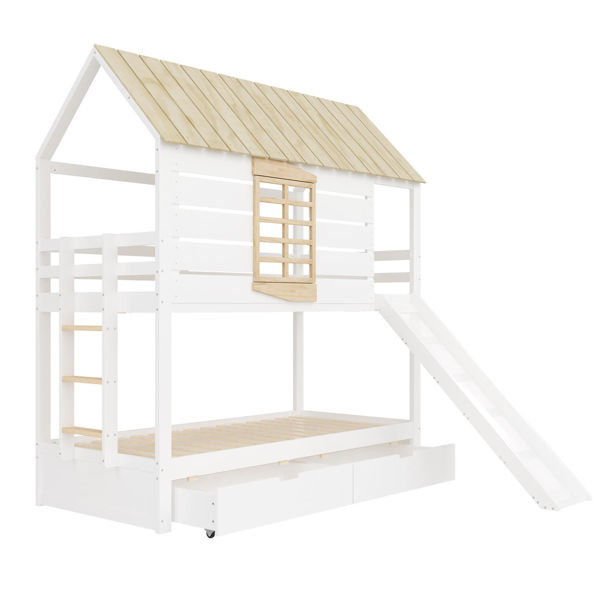 ETAGENBETT 90/200 cm weiß aus Kiefer und MDF mit Rutsche und 2 Schubladen - Weiß, Holzwerkstoff (90/200cm) - OKWISH