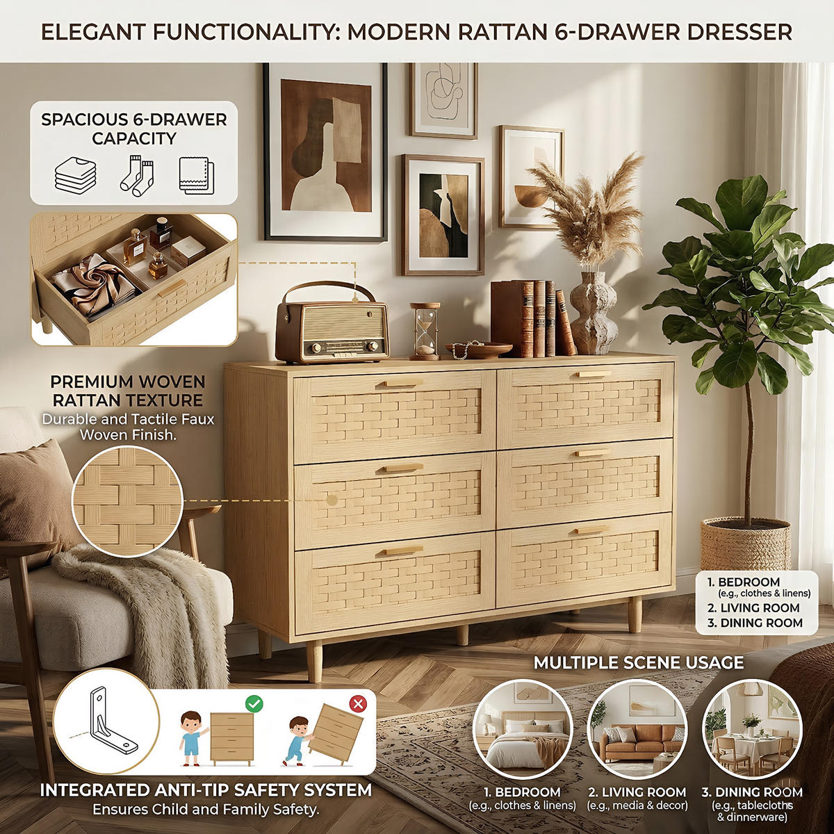 KOMMODE Japandi mit 6 Schubladen in Rattan-Optik 115/40/80 cm Eiche-Dekor - Eichefarben, Holzwerkstoff (115/80/40cm) - Creahappy