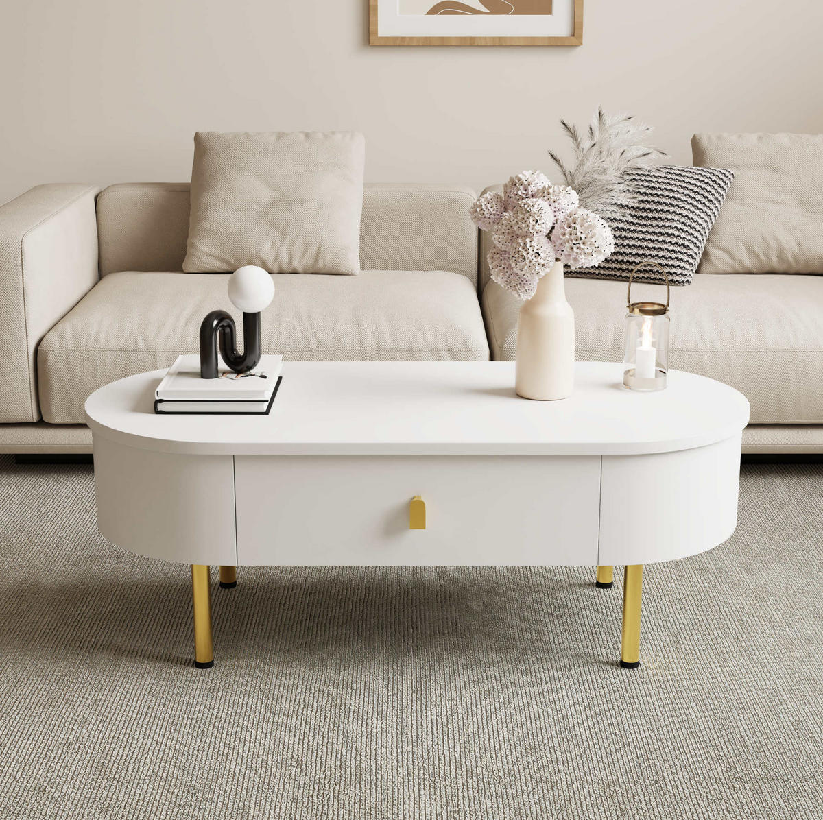 COUCHTISCH, MDF weiß mit goldenen Griffen und Beinen, 2 Schubladen, 108/50/40 cm, Weiß und Gold - Weiß, Holzwerkstoff (108/50/40cm) - Redom