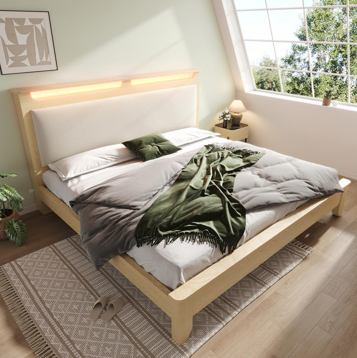 BETT 160/200 cm mit LED-Kopfteilablage & Stauraum, Cord-Polsterkopfteil, Beige/Eiche - Beige, Textil (160/200cm) - Redom