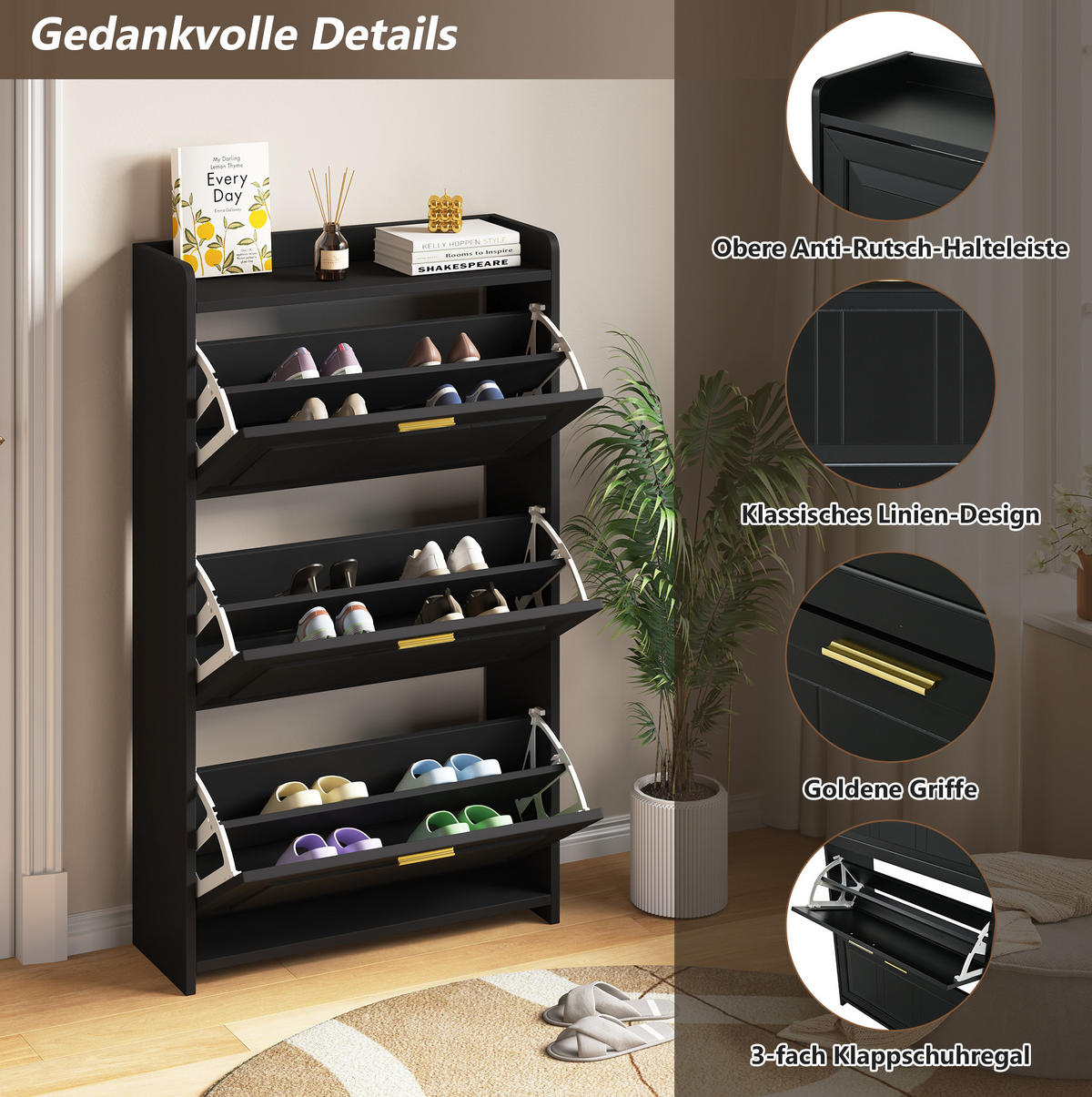 SCHUHSCHRANK 70/24/120 cm mit Klapptüren und Schublade, 6 Fächer, Schwarz - Schwarz, Holzwerkstoff (70/120/24cm) - Redom