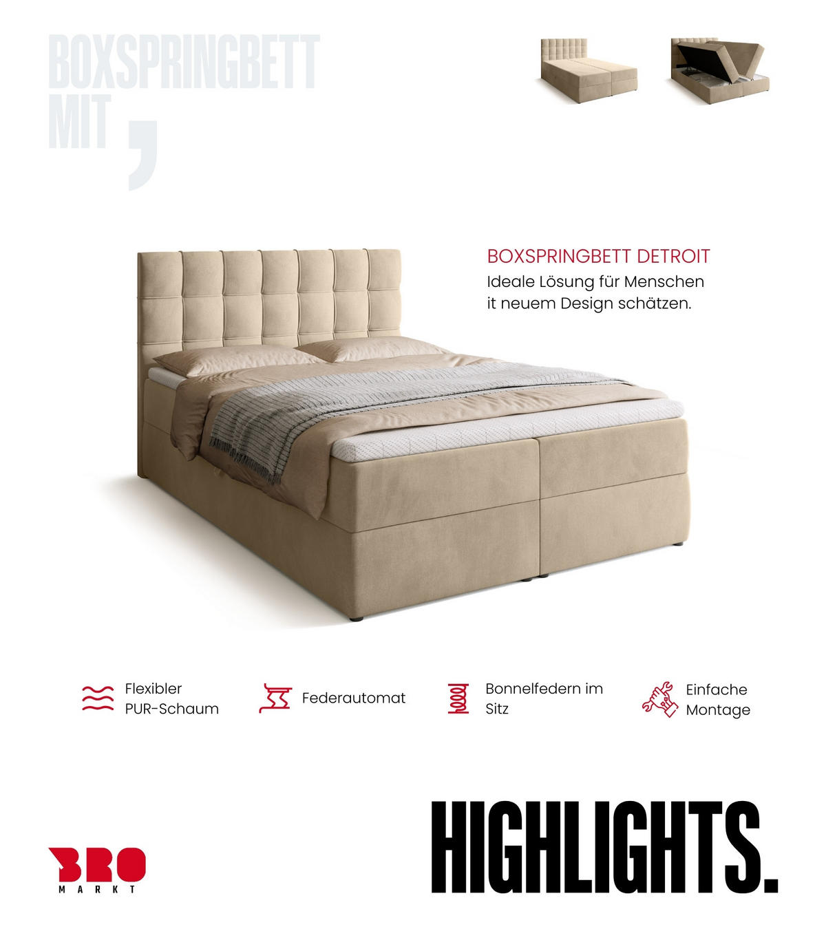 BOXBETT Detroit mit Topper 140/200 Beige - Beige, Holzwerkstoff/Textil (140/200cm) - Bromarkt