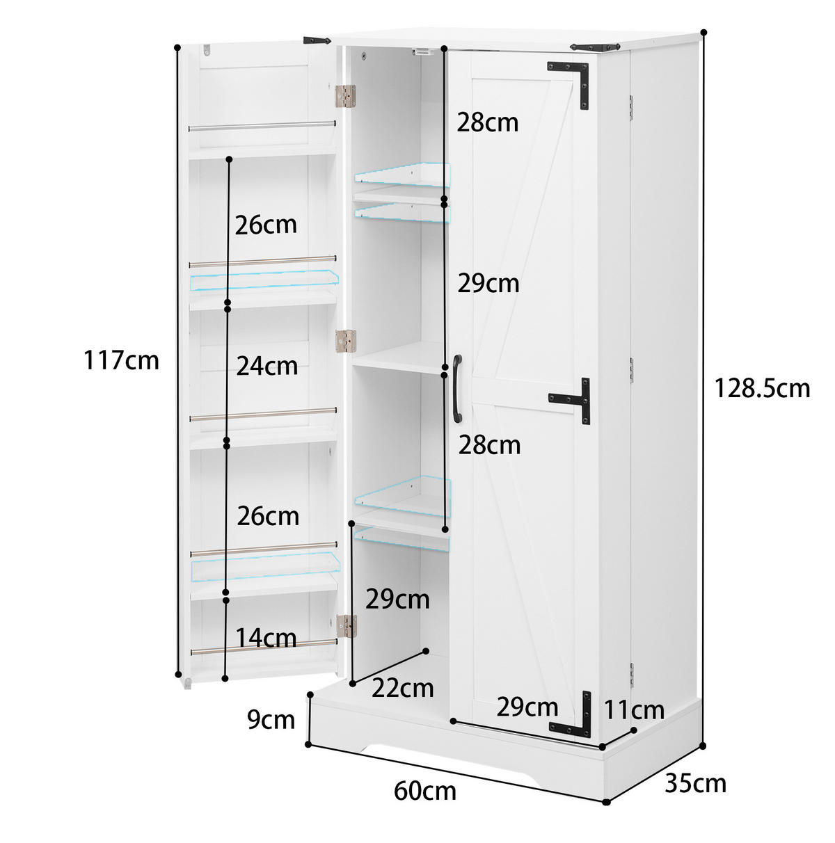 KÜCHENSCHRANK mit LED 60x35x128,5 cm MDF Weiß - Weiß, Holzwerkstoff (35/128.5/60cm) - Meubliv