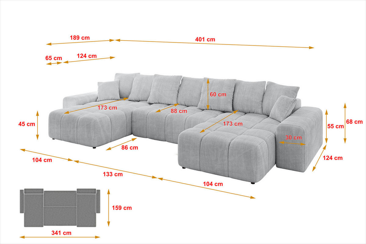 WOHNLANDSCHAFT ENIL-U 401x189x68 Grau Cord - Grau, Holzwerkstoff/Kunststoff (401/68/189cm) - ALTDECOR