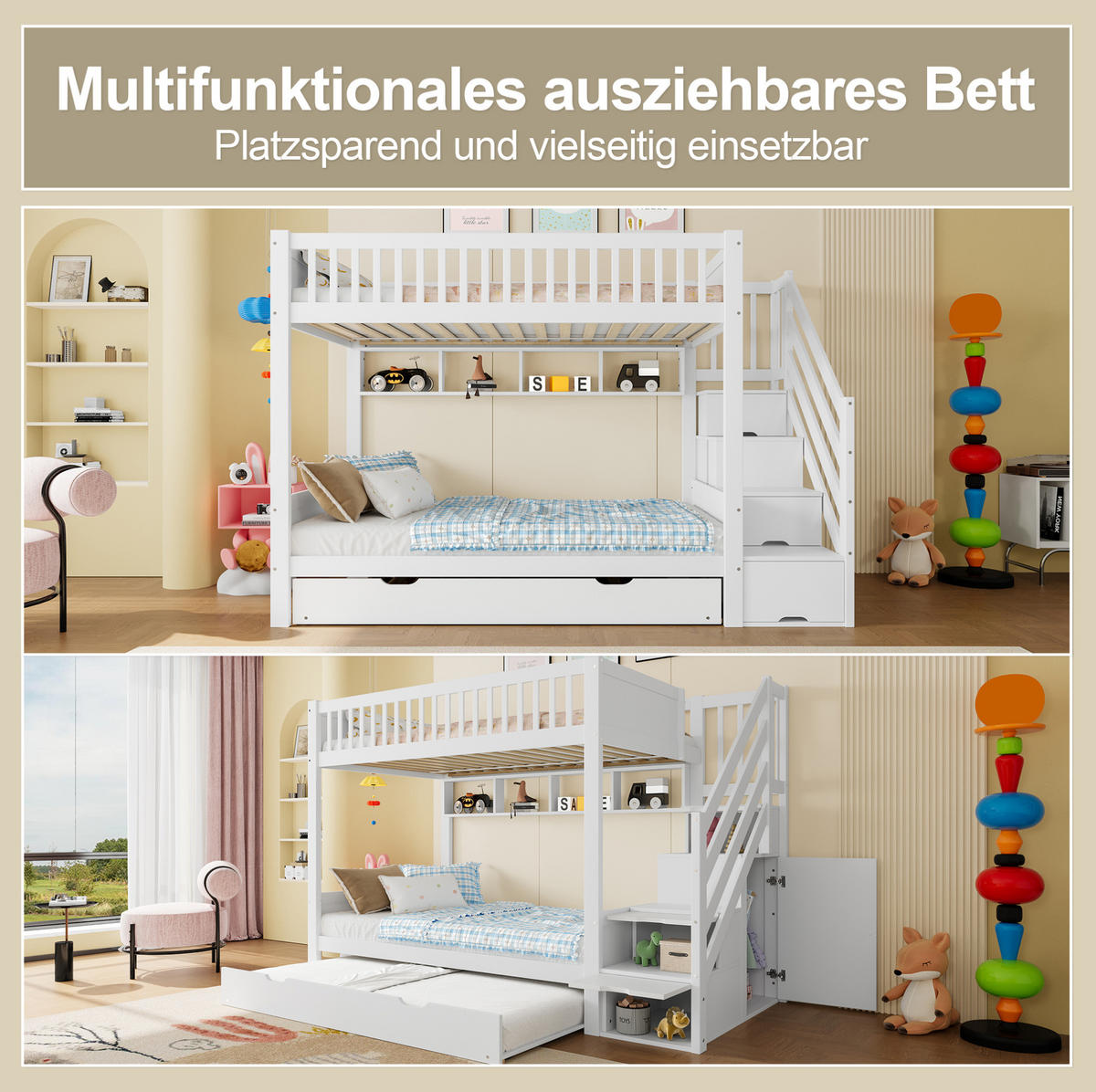 ETAGENBETT 254/95/165 cm aus Kiefernholz mit Ausziehbett und Kleiderschrank Weiß - Weiß, Holz (90/200cm) - Modenvie