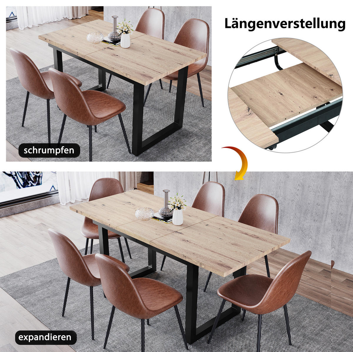ESSTISCH ausziehbar Industrial-Stil MDF Schwarz + Natural - Schwarz, Metall (180/80/75cm) - Meubliv