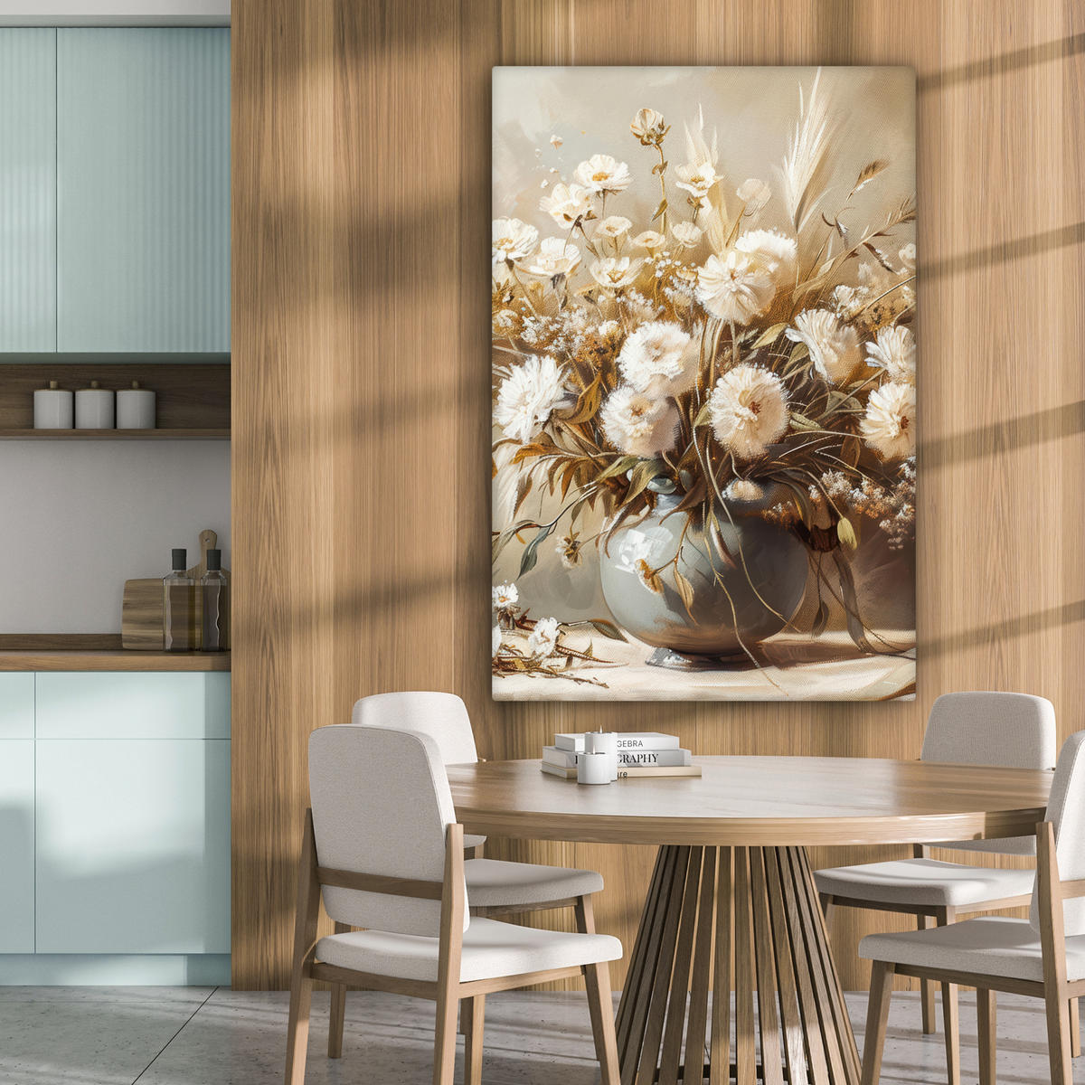 LEINWANDBILD Blumen - Vase - Stilleben - Beige 80x120 cm - Creme, Textil (80/120cm) - MuchoWow