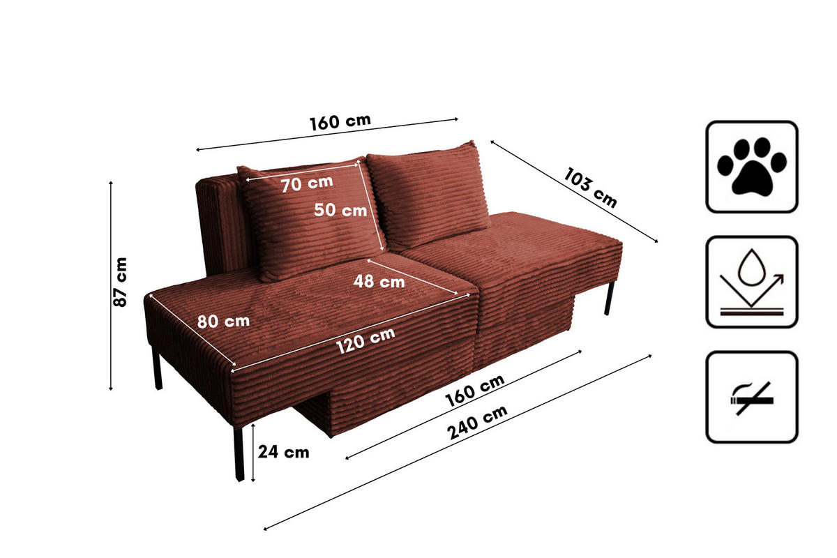 SOFA Mit Schlaffunktion MOOKA 4in1-Multifunktions-System Stoff Velo Kupfer - Kupferfarben, Holz/Textil (240/87/103cm) - Kaiser Möbel