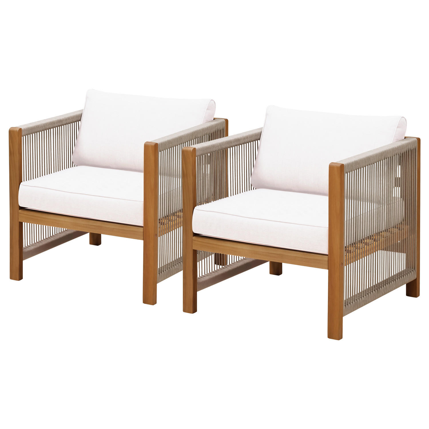 LOUNGESESSEL - 2er-Set - Akazie massiv / Polyester - Braun / Grau - Beige/Braun, Holz/Textil (64/76/66cm) - home24