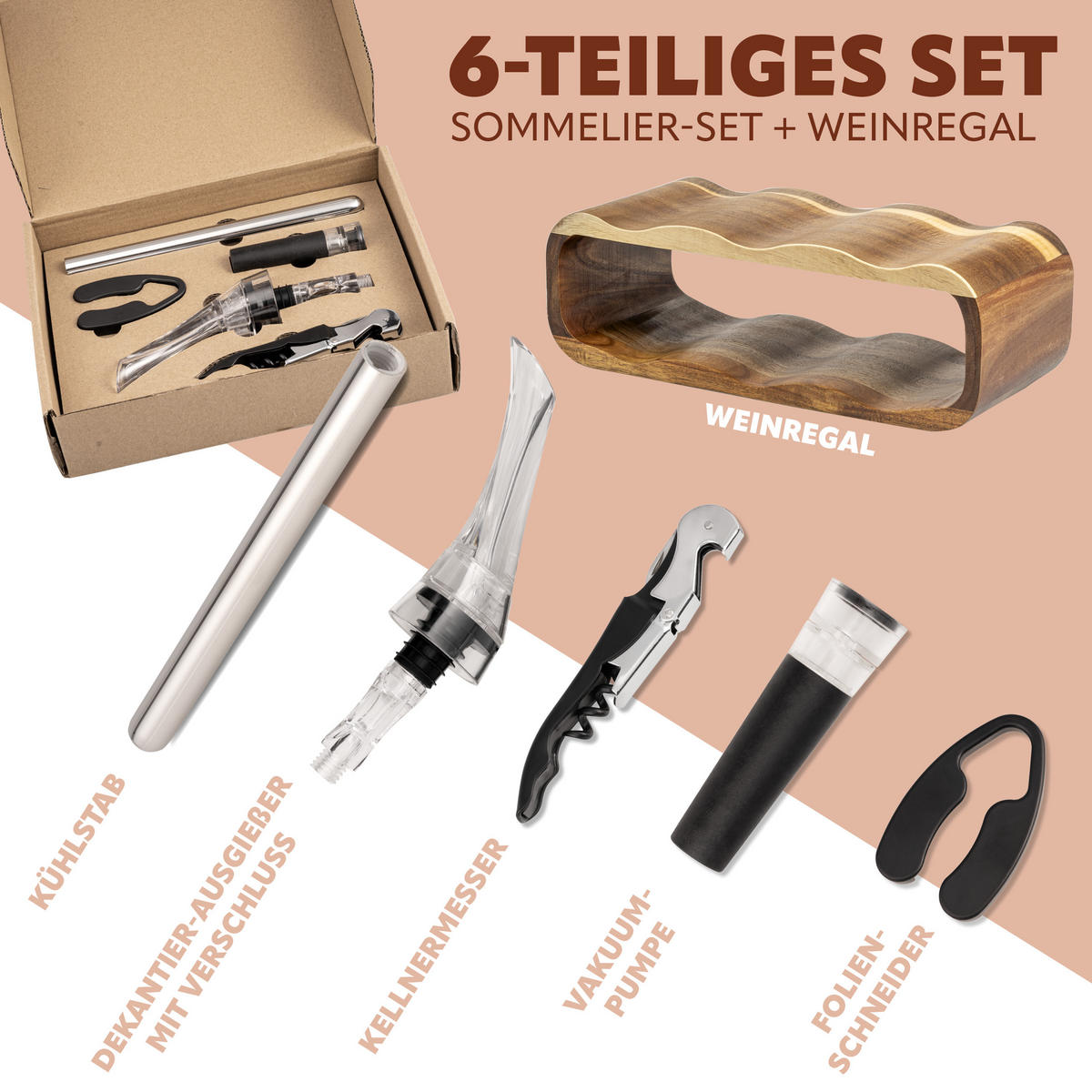 WEINREGAL-SET 6tlg, Akazienholz - Akaziefarben, Holz (38/12.5/16cm) - eluno