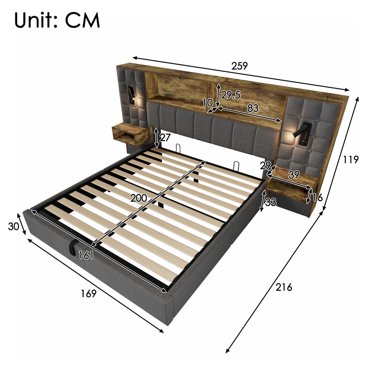 POLSTERBETT 160/200 cm in Grau mit Stauraum, LED, Leselampen, Nachttischen und USB/Type-C - Grau, Holzwerkstoff/Textil (160/200cm) - WISHDOR