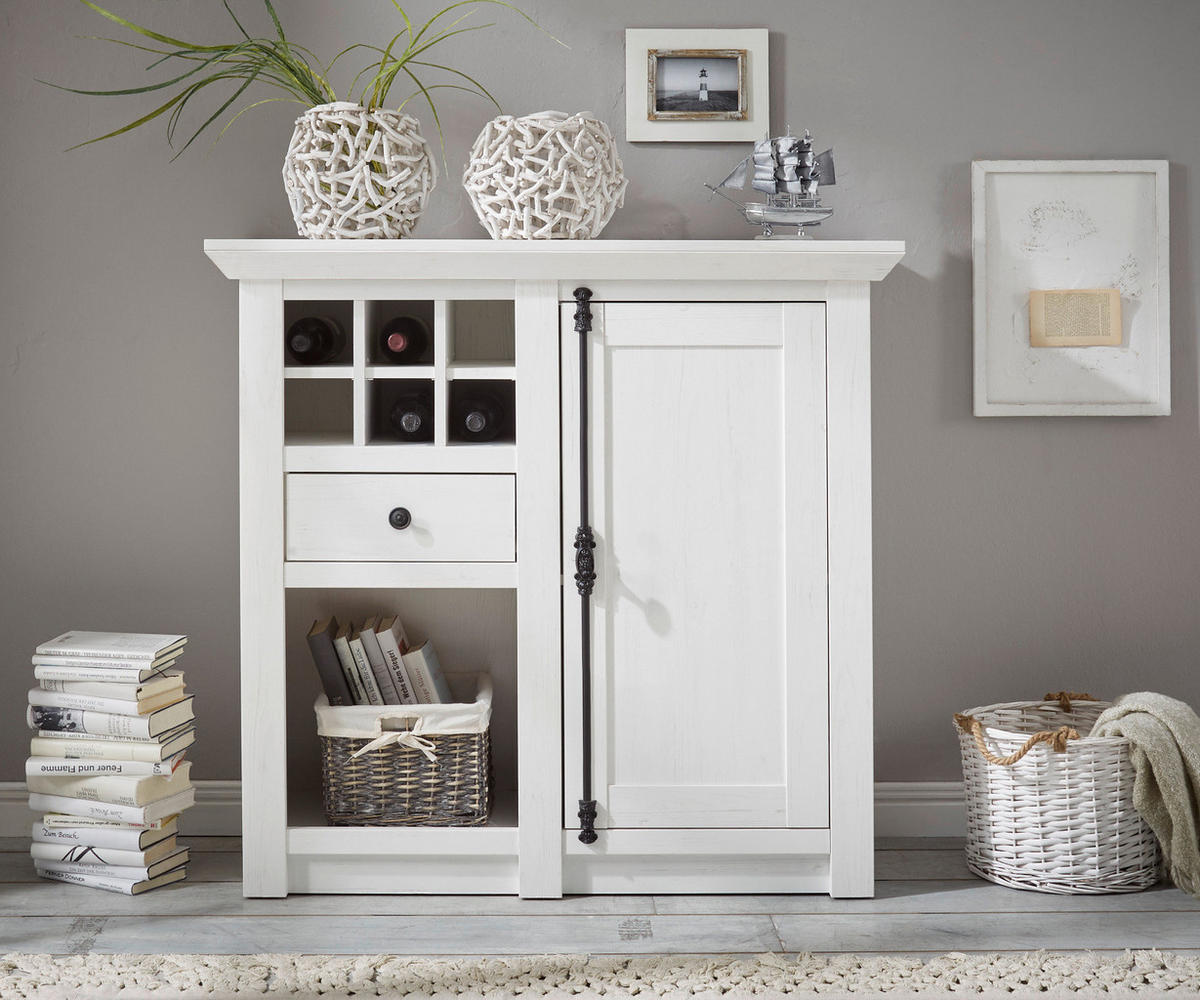 KOMMODE Pinie weiß Landhaus 105 cm, Anrichte mit Weinregal - Schwarz/Weiß, Holzwerkstoff/Metall (105/100/45cm) - Furn.Design