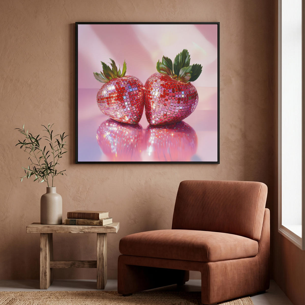 LEINWAND Bilder mit Rahmen - Disco - Obst - Glitzer - Erdbeere - 90x90 - Pink, Textil (90/90cm) - MuchoWow