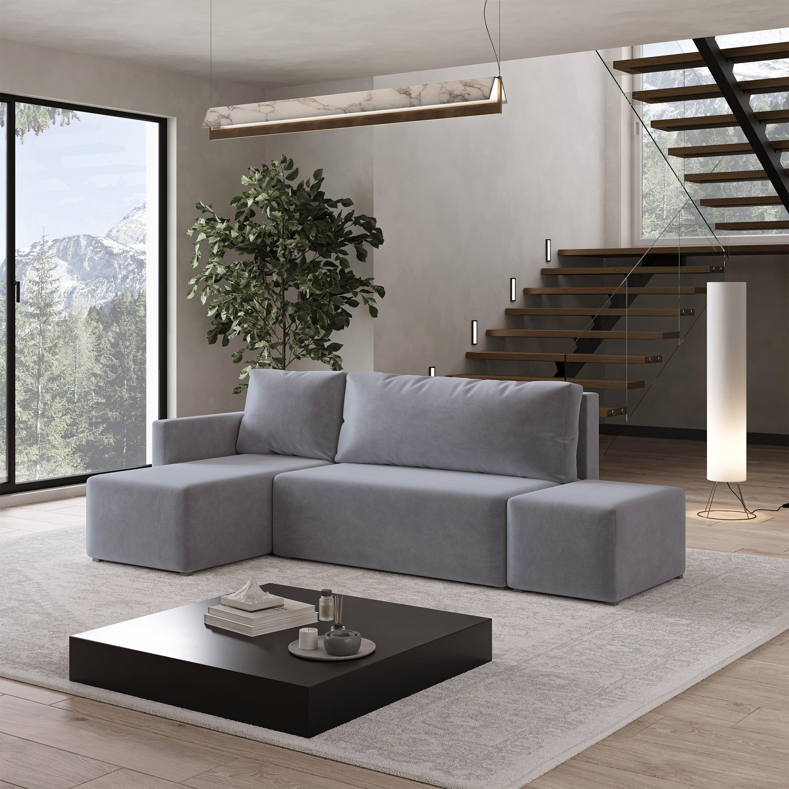 ECKSOFA VELOTTI L-S Grau Plüsch-Stoff mit Schlaffunktion - Grau, Holz (261/143cm) - MASSENO