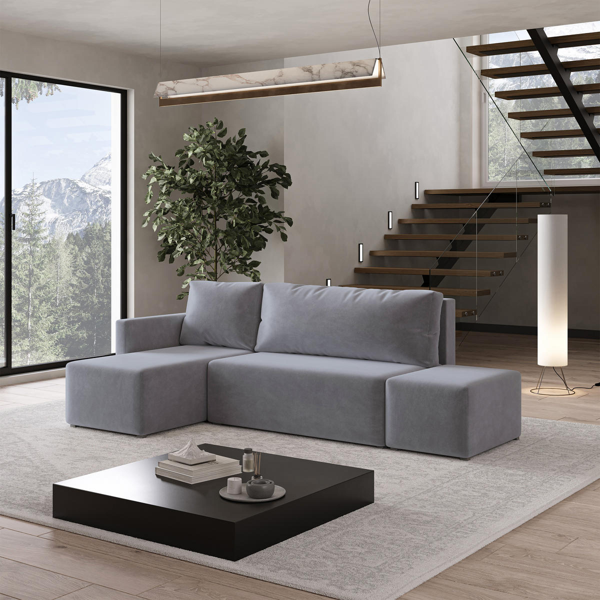 ECKSOFA VELOTTI L-S Grau Plüsch-Stoff mit Schlaffunktion - Grau, Holz (261/143cm) - MASSENO