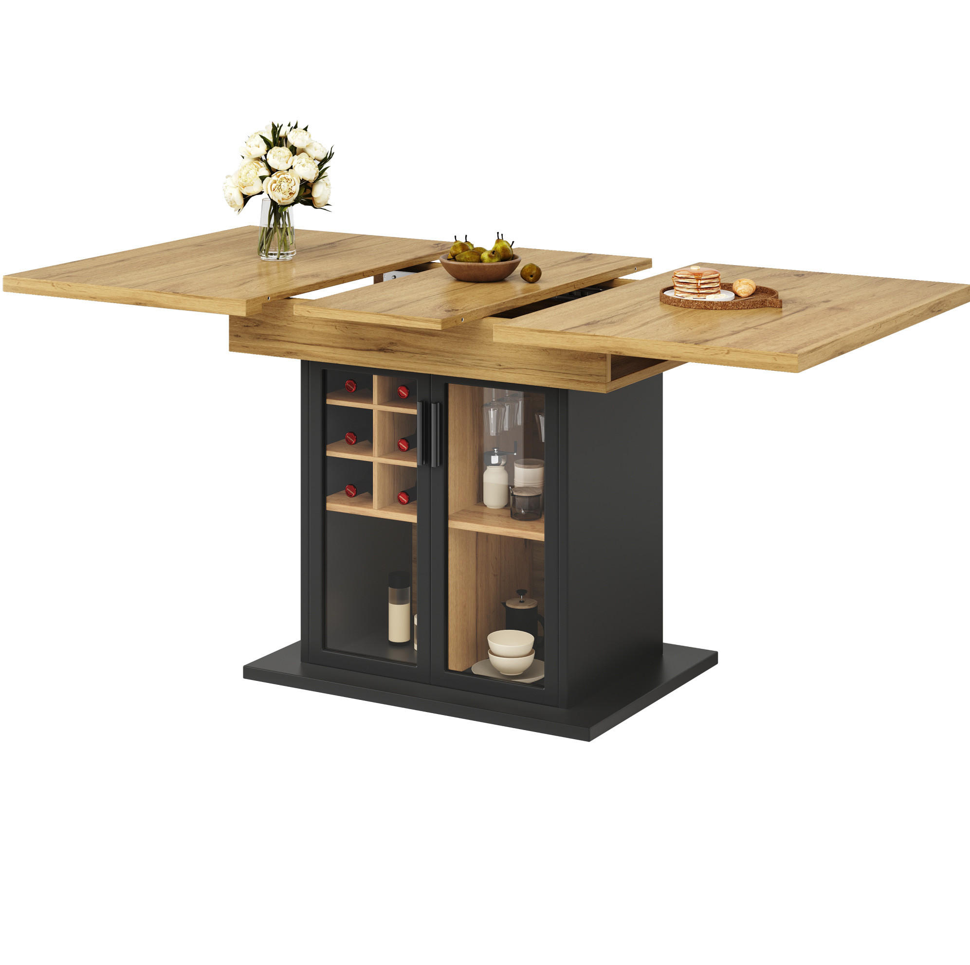 Modfu JÍDELNÍ stůl 140x80x76 cm černý z MDF s výsuvnou deskou a stojanem na víno