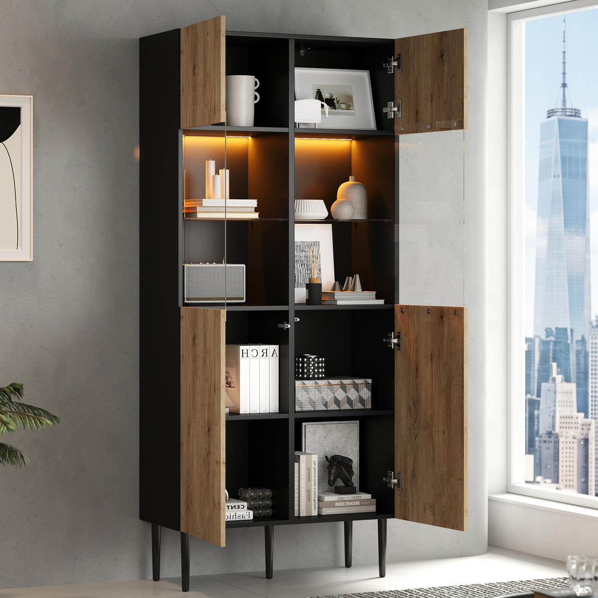 VITRINE LED Hochschrank Glas 10 Fächer Holz Schwarz 180cm - Multicolor, Holzwerkstoff (80/180/35cm) - FLIEKS