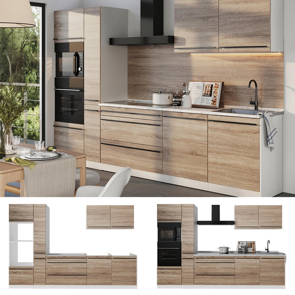 KÜCHENZEILE R-Line, Sonoma/Weiß, 310 cm Arbeitsplatte Marmor - Weiß/Sonoma Eiche, Holzwerkstoff (310/206.8/60cm) - Vicco