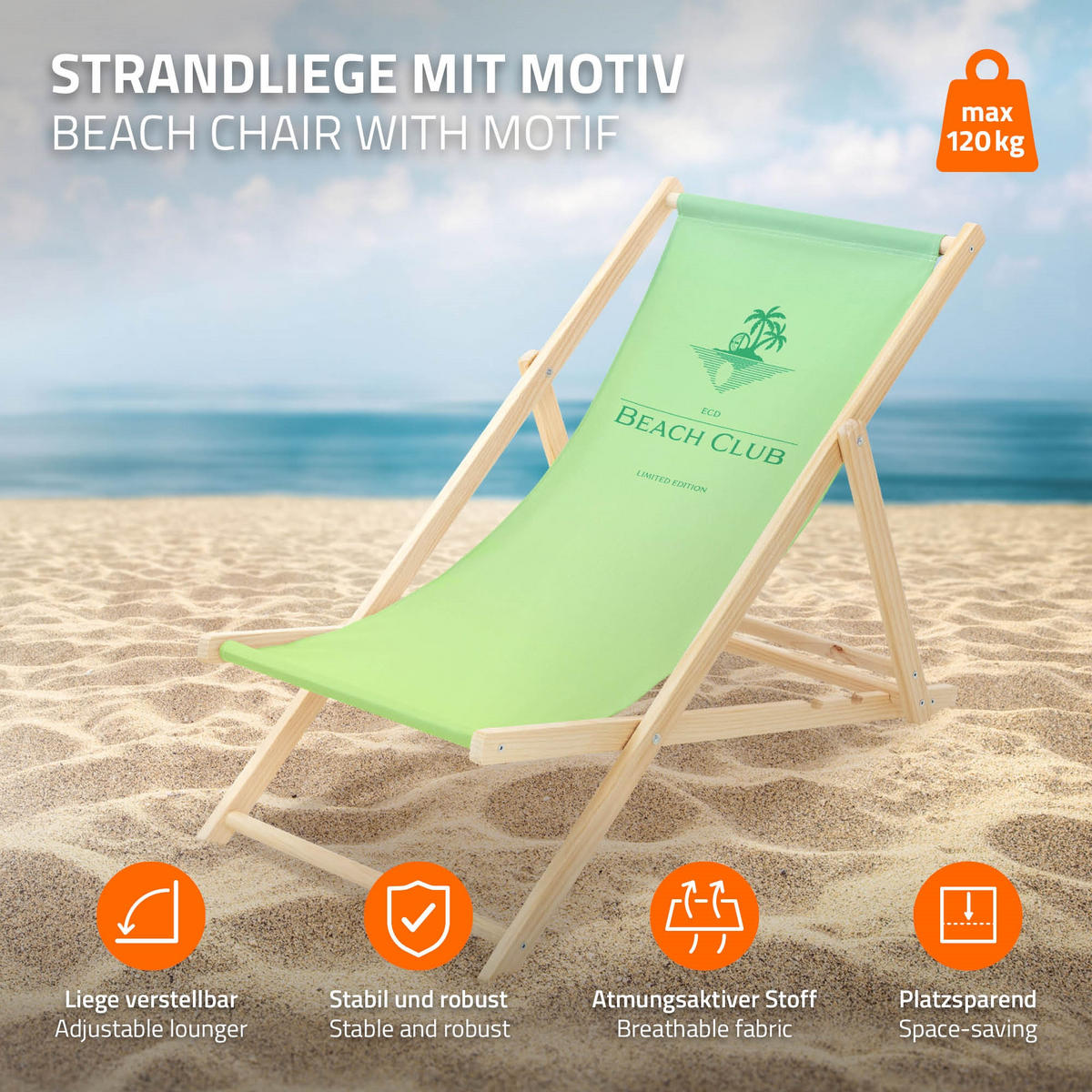 LIEGESTUHL Beach Club Grün - Limette, Holz (57.5/83/100cm) - ECD-Germany