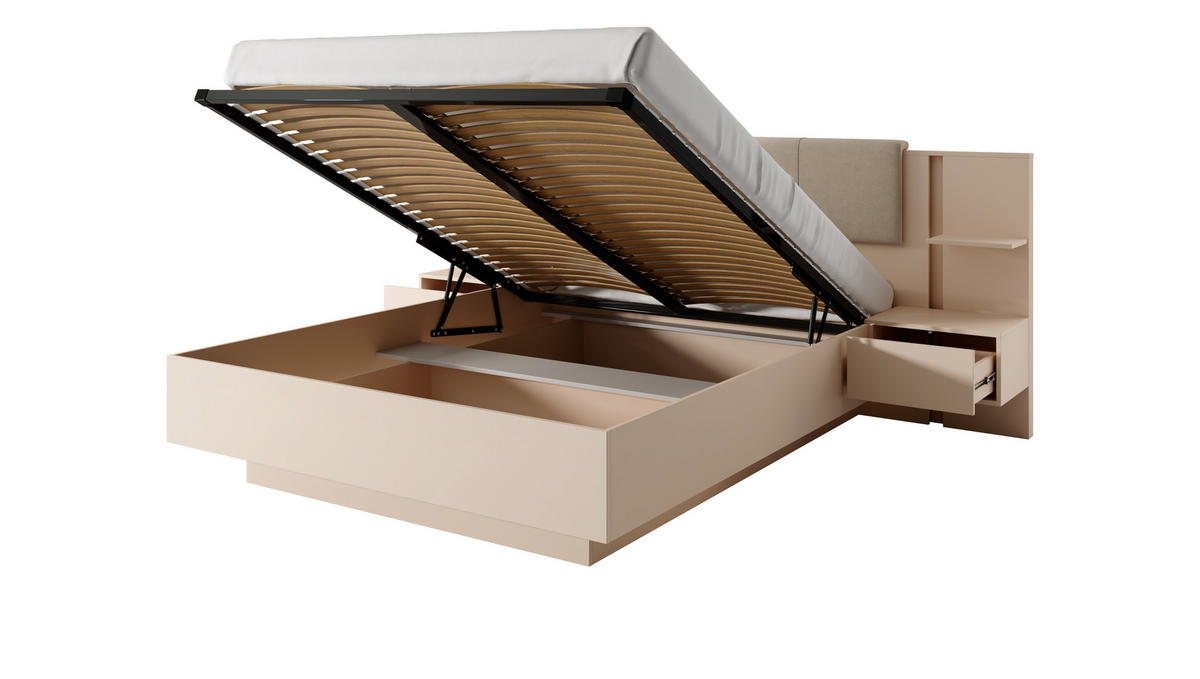 BETT Holen Beige, mit Bettzeugablage und Nachttische - Beige, Holzwerkstoff - Bettso