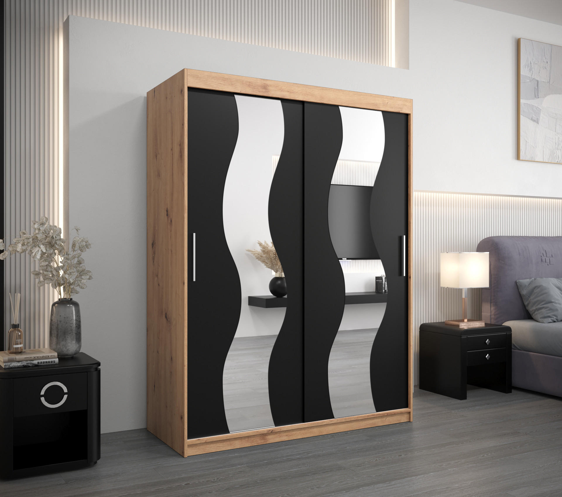 SCHWEBETÜRENSCHRANK 200/150/62 2-türig - Silberfarben/Schwarz, Holz/Kunststoff (150/200/62cm) - Abiks Möbel