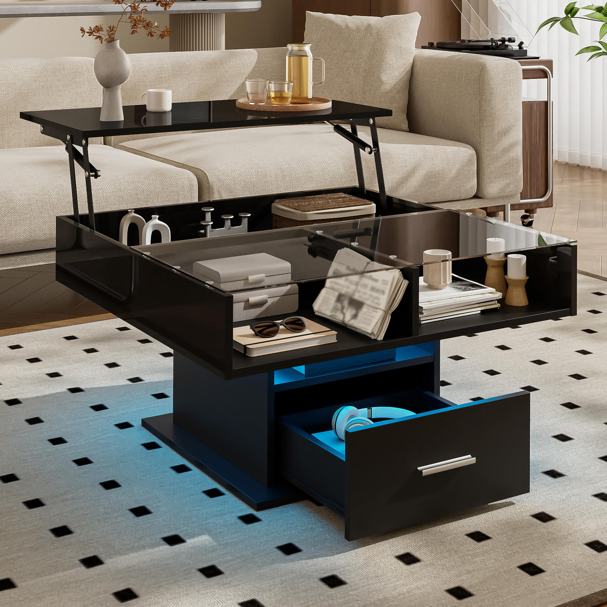 COUCHTISCH Höhenverstellbar mit LED-Beleuchtung und flexiblem Stauraum - Schwarz, Holzwerkstoff (78/78/45cm) - Korfee
