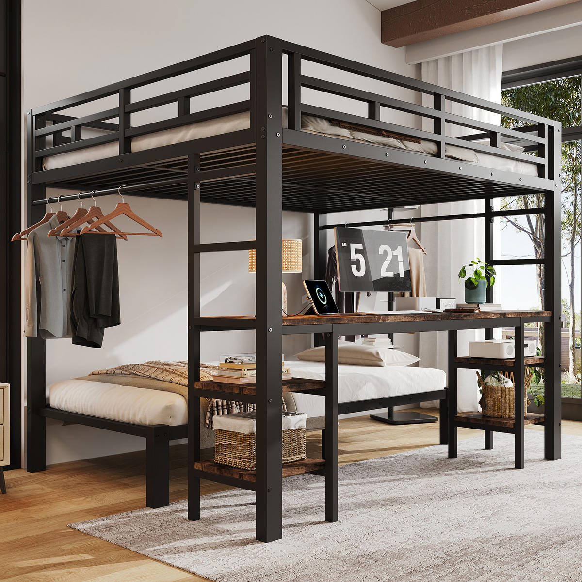 ETAGENBETT aus Metall 140x200/90x200 cm Schwarz/Vintage mit Schreibtisch, Kleiderstange und Ladestation - Schwarz, Metall (140/200cm) - Modfu